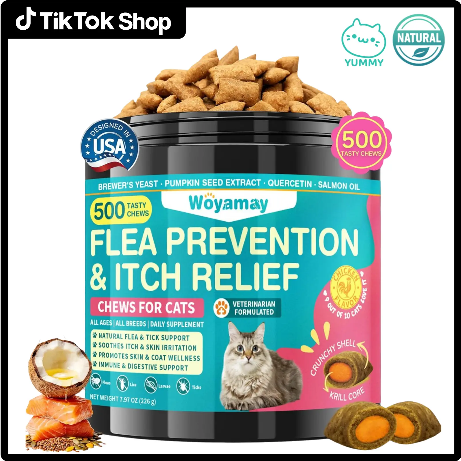 Woyamay Flea & Tick Prevention | Itch Relief for Cats, 500 Crunchy Cat Flea & Itch Protection, Cat Itchy Skin & Coat Care Chewables with Salmon Oil Multivitamin Reduce Licking Scratching Swollen Chicken Flavor