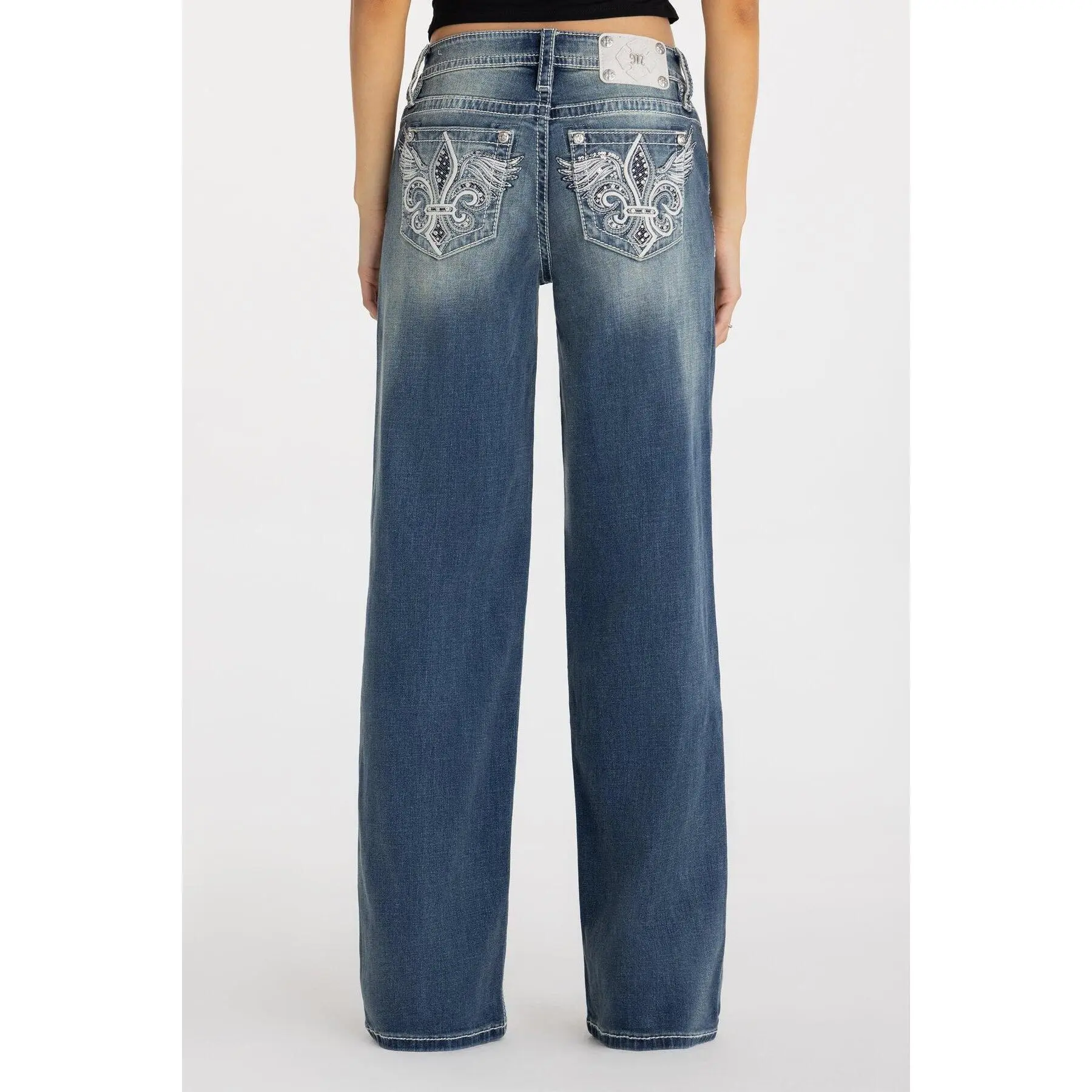 Miss Me Taliah Wing Mid-Rise Denim Bottoms - Y2K 90s Inspired Vintage Wash, Clean Girl Wide-Leg Silhouette, Leg-Lengthening Proportions, Women's Pocket Pants