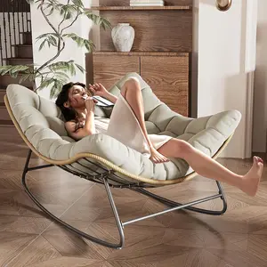 Amopatio Outdoor Rocking Chair, Indoor Oversized Egg Papasan with Thick Cushion, Rattan Wicker Rocker Lounge Chair for Bedroom/Patio/Garden/Livingroom