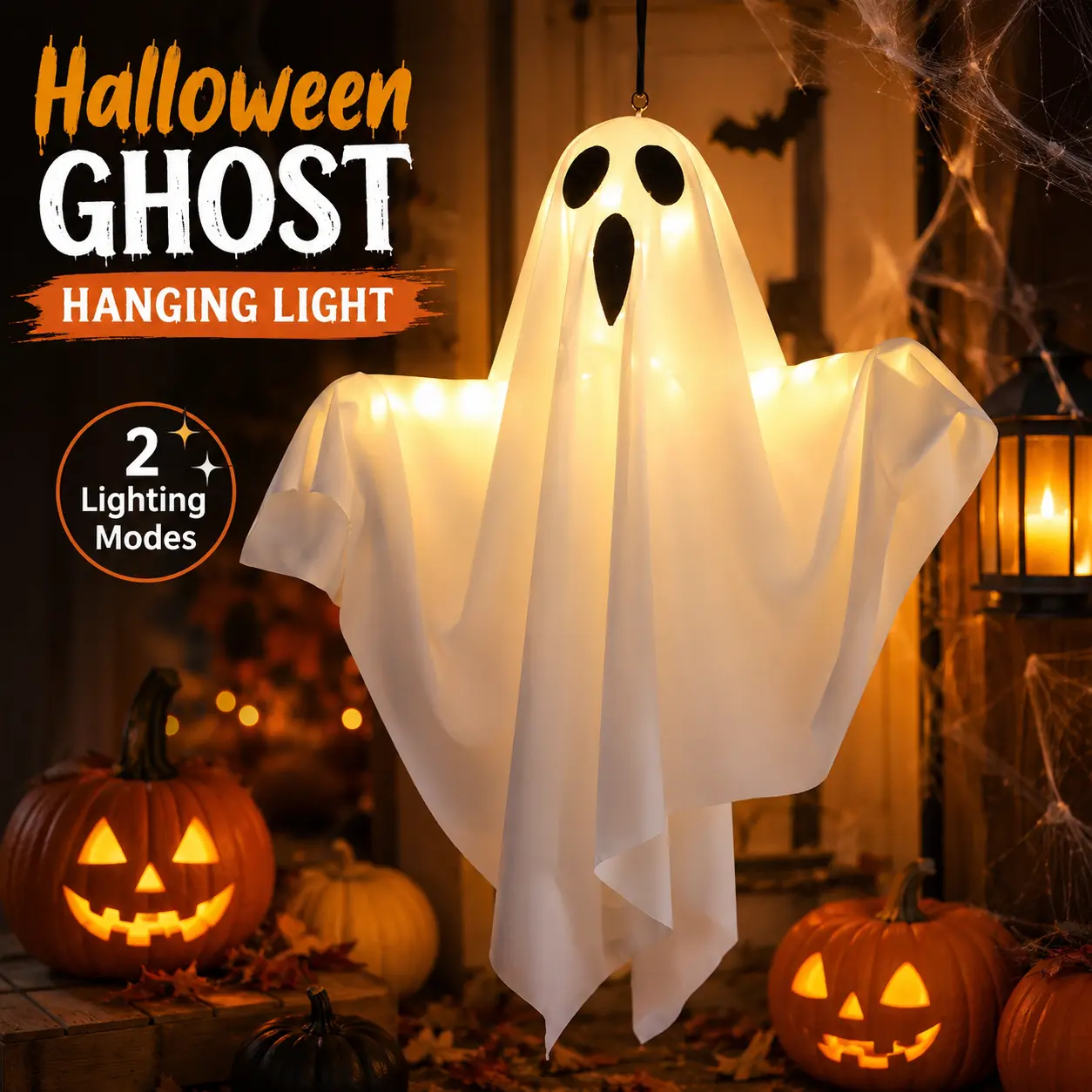 Halloween Light Up Ghost Hanging Decoration, 2 Lighting Modes Steady & Flashing, Battery Powered White Ghost with Warm LED Lights, Spooky Hanging Decor for Porch, Window, Party, Indoor Outdoor Halloween Decorations