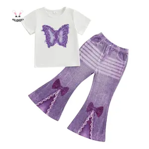 Little Toddler Girl Summer Outfit Butterfly Pattern Crew Neck Short Sleeve T-Shirt and Denim Bell Bottoms 2 Pcs Set