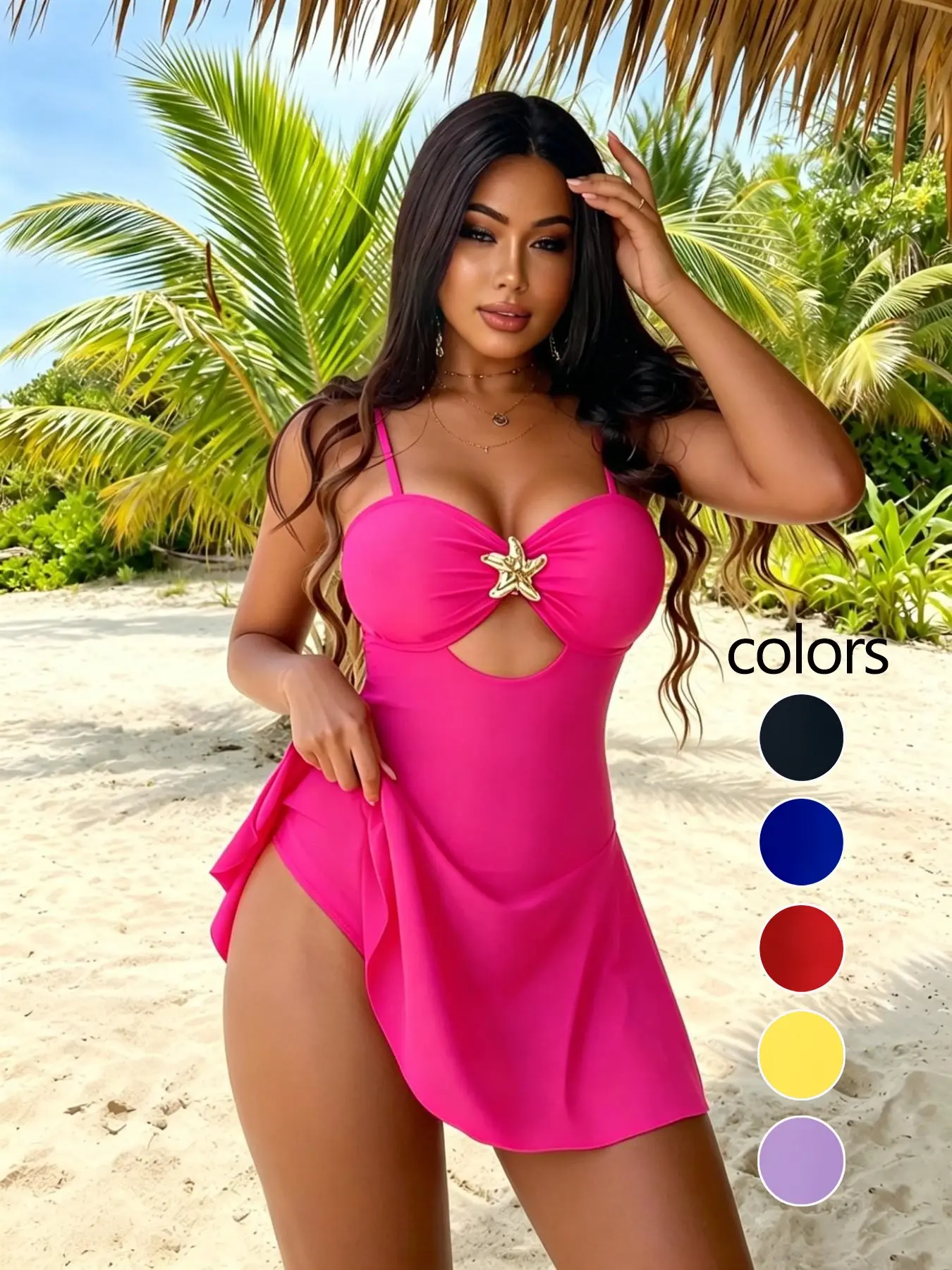 Women's Sea Fancy New Style Thin Strap Hollow Out Starfish Metal Decoration Slim Fit Cut Out Swimsuit, Perfect for Beach & Pool, Sea Fancy Swimsuits, Elegant Bathing Suit