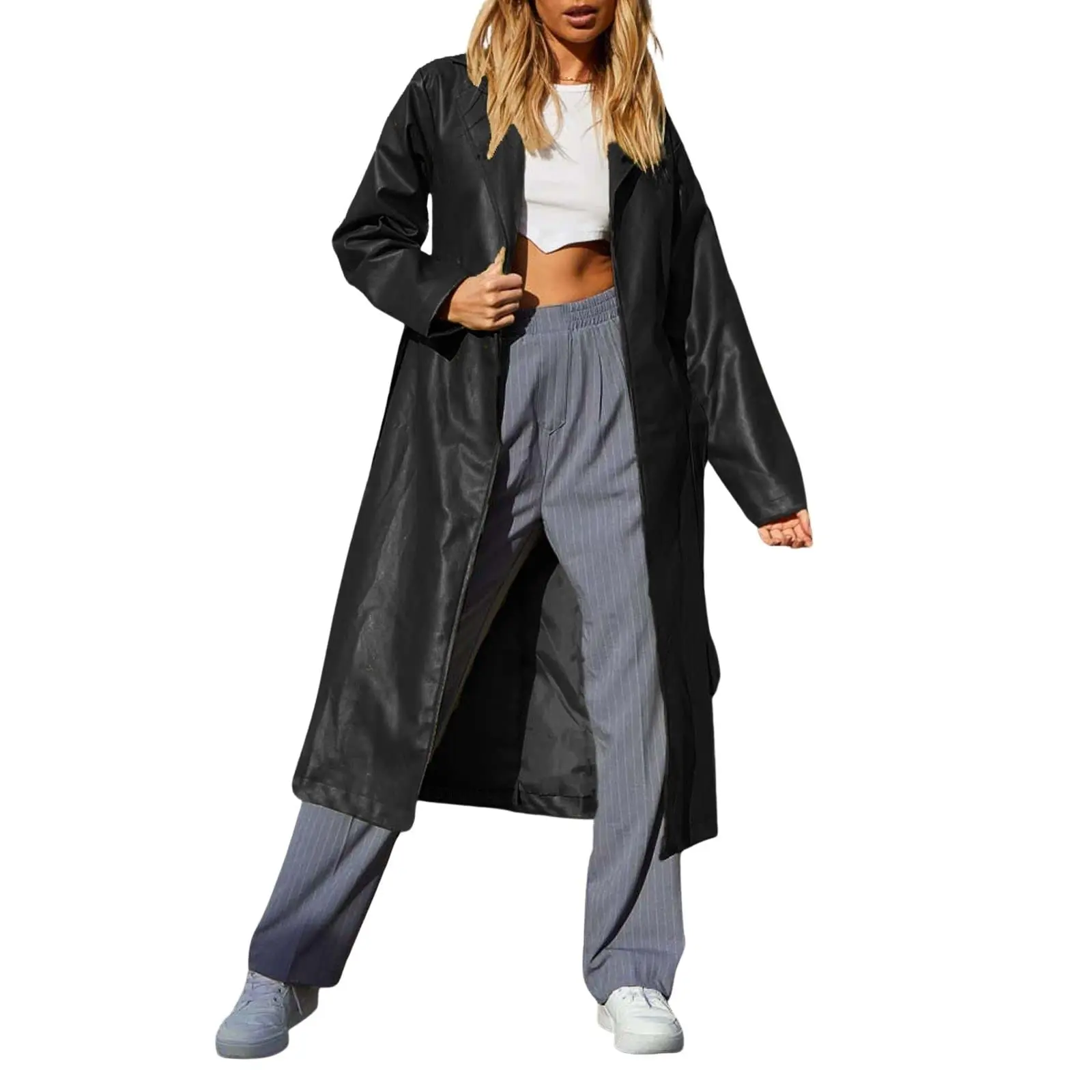 Chouyatou Women's Retro Long-Sleeve Faux Leather Trench Coat, Belted Lapel Front-Opening Jacket with Pockets, Stylish Outerwear for Casual Wear