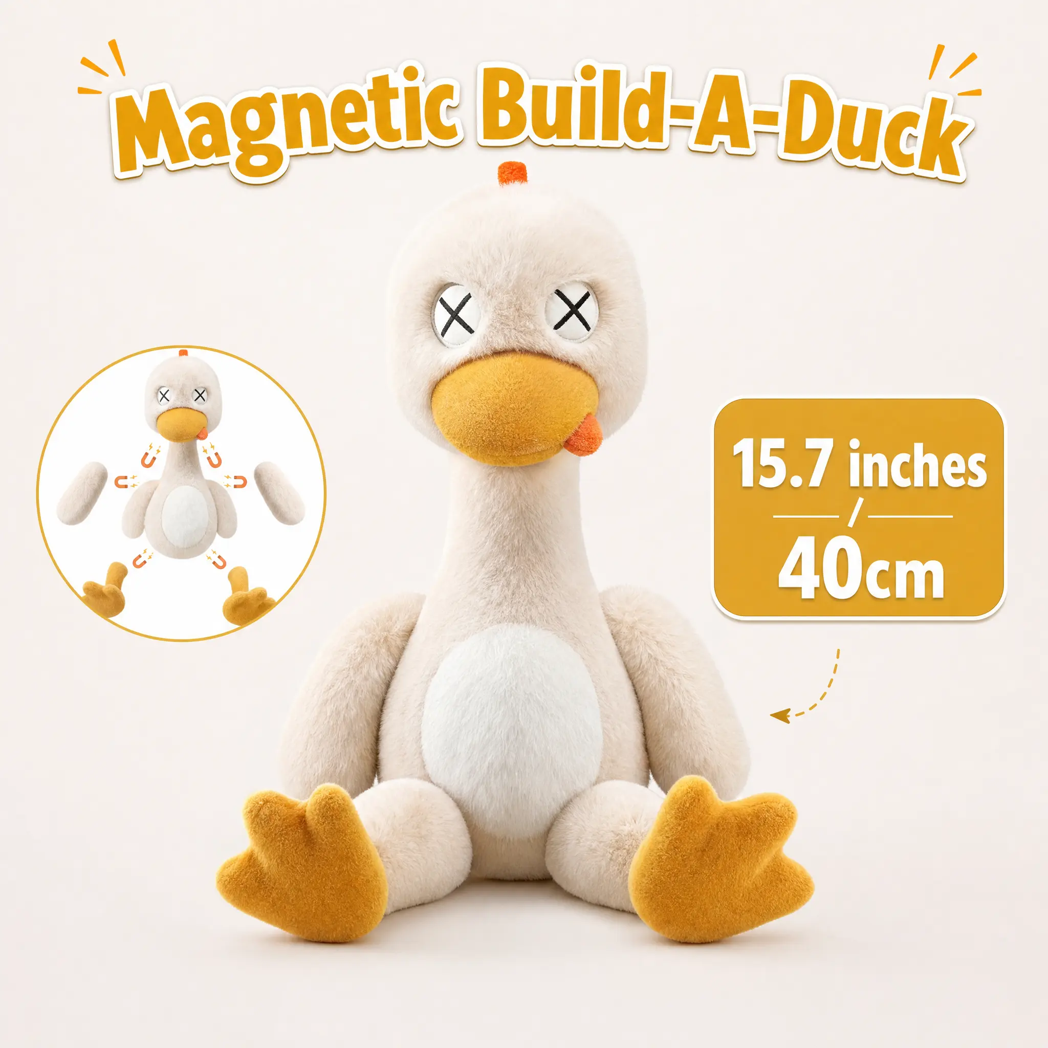 Magnetic Build-A-Duck Plush Toy, DIY Snap-Together Duck Stuffed Animal with Detachable Magnetic Parts, Funny Poseable Plush Figure, Creative Birthday Gift for Kids, Teens & Adults, 15.7 Inch