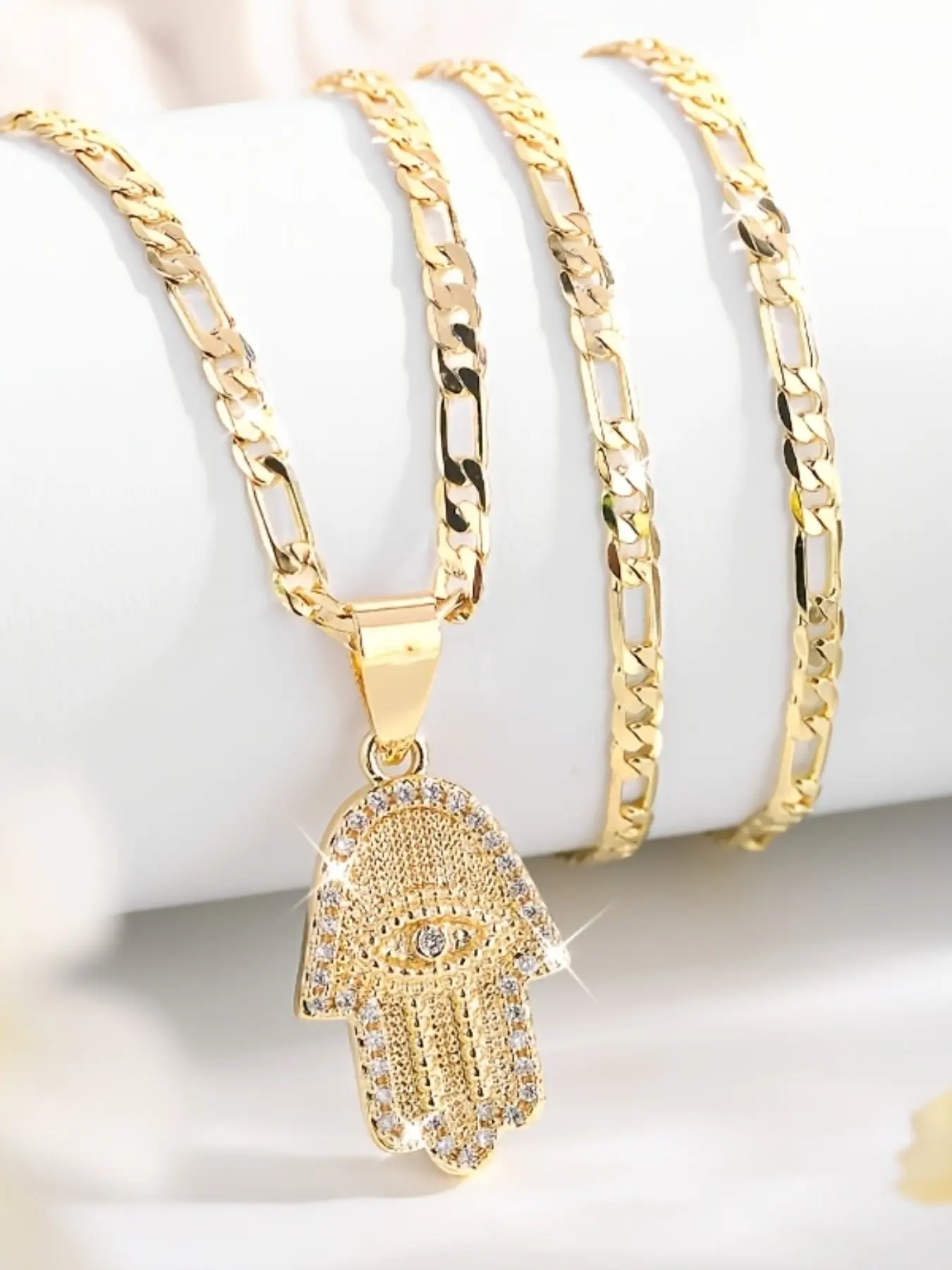 Fashion 14k Gold Plated Hamsa Hand Evil Eye Pendant Necklace, Zircon Fatima Hand Fidel Chain, Unisex Lucky Guardian Jewelry, Bling Necklace