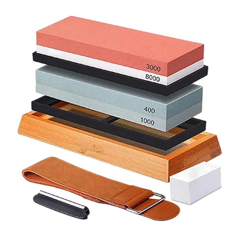 Professional Knives Sharpener Multi-Grit Wet Stones Set - 4 Grit (400/1000/3000/8000 Fine Finish), Bamboo Base, Angle Guide, Sandpaper - Premium Kitchen Gadget for Home Chefs