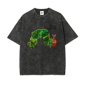 The Very Hungry Caterpillar Vintage Washed T-Shirt | Retro Eric Carle Graphic Oversized Tee DTG Process Unisex Loose-Fitting T-shirt, Washed Casual Top (100% Cotton, 280g)
