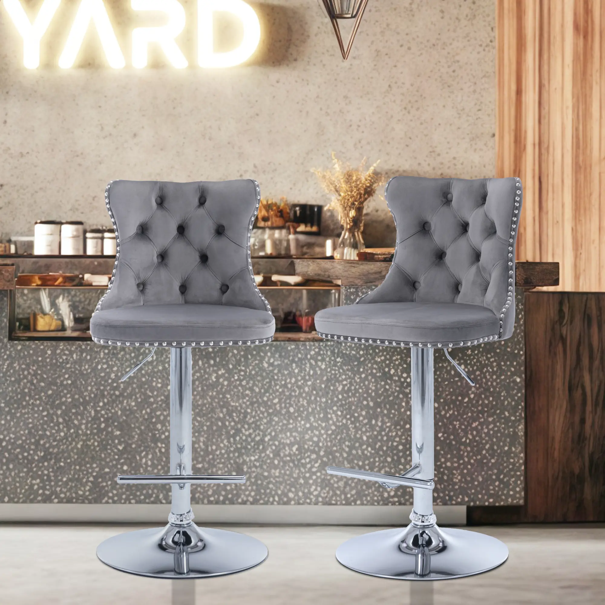 Velvet Bar Stools Set , Adjustable Counter Height Bar Stools with Button & Nailheads Trim, Swivel Bar stools for Kitchen Island, Pub chairs Barstools Set Metal Barstools
