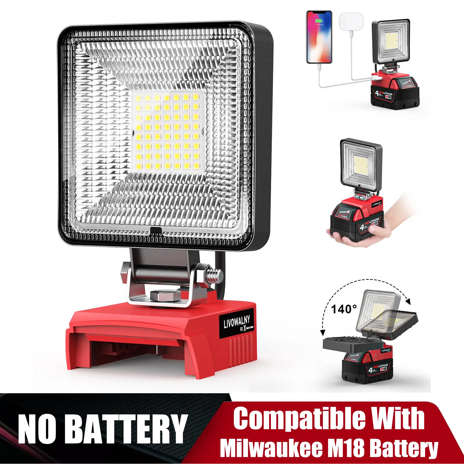 LED Work Light for Milwaukee m18, Battery Not Included, 30W 3000LM for Milwaukee Light m18 flashlight - USB Work Light 18V Battery Lamp with Low Volta