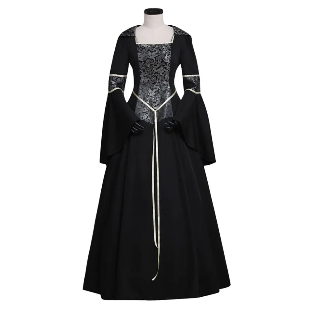 Women's European Medieval Gothic Polyester Costume Gown - Square Neckline, Adjustable Lace-Up Bell Sleeves, Flared Skirt Casual Dress for Women's Clothes, Elegant Fantasy Outfits, Elegance, Lady, Hand Wash, Medieval Look, Gothic Gown, Dark Elegance