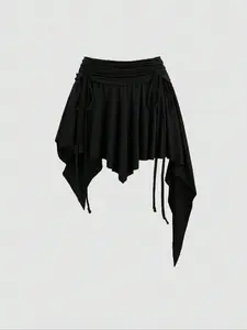 New Drawstring Waist Asymmetrical Ruffle Hem Mini Skirt Short Bottom Womenswear Casual Ruffled