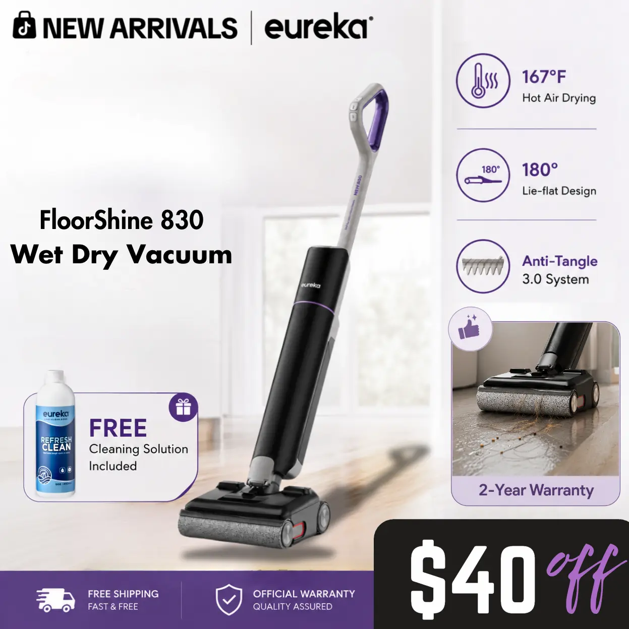 Eureka FloorShine 830 Vacuum Cleaner 24000Pa, Cordless Floor Scrubber Flat Design 180° 13.7 cm, Anti-Tangle, Edges on 3 Sides, for Houses with Animals, 60 Min Autonomy
