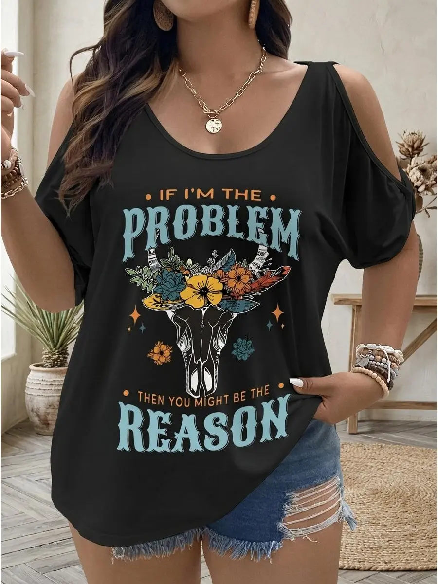 Plus Size Cold Shoulder Top for Women, Polyester Geometric Skull Graphic Tee with Lace Trim, Ideal as Gifts for Women