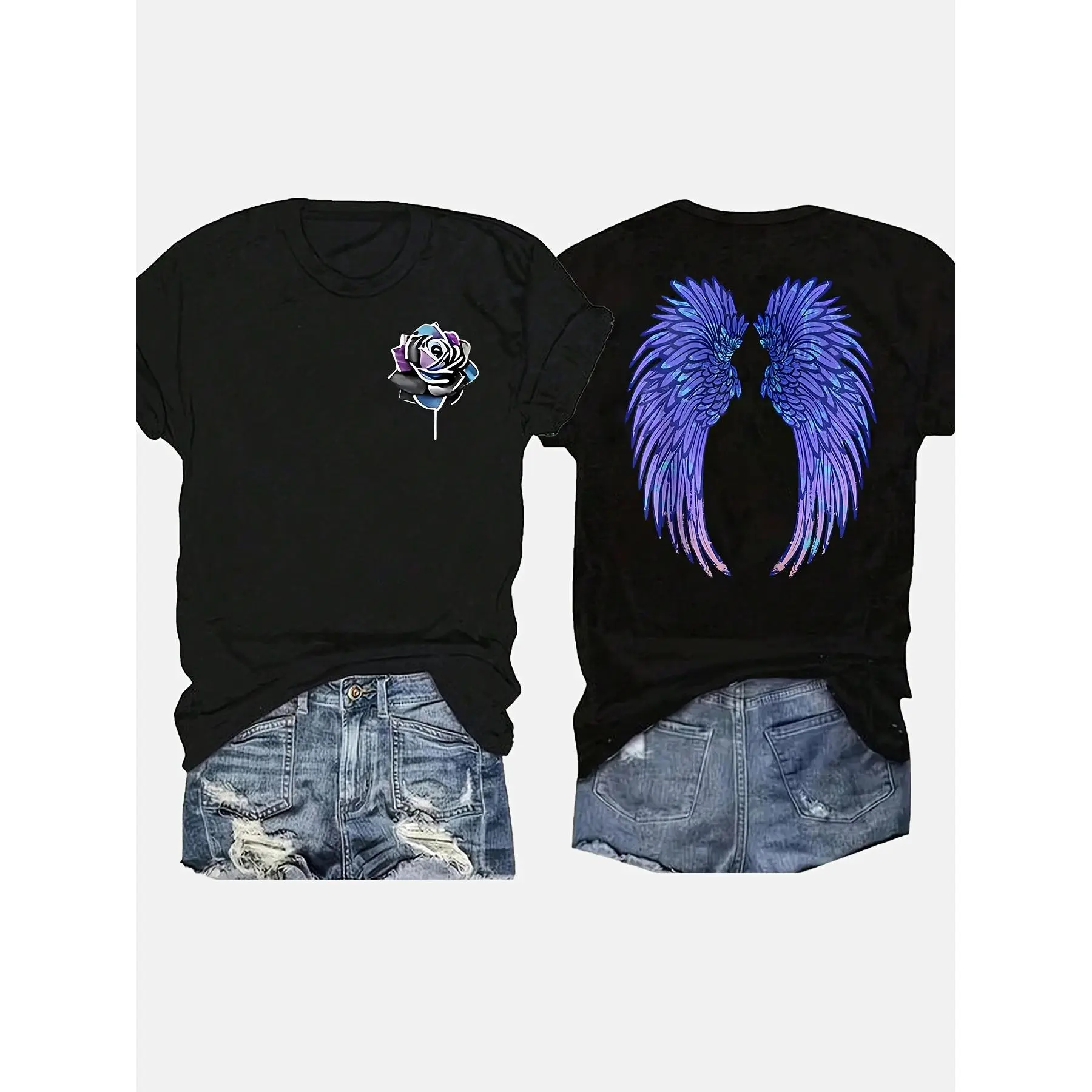 Ladies' casual floral and angel wing T-shirt, made of 100% pure cotton and skin friendly fabric, standard length, suitable for all seasons