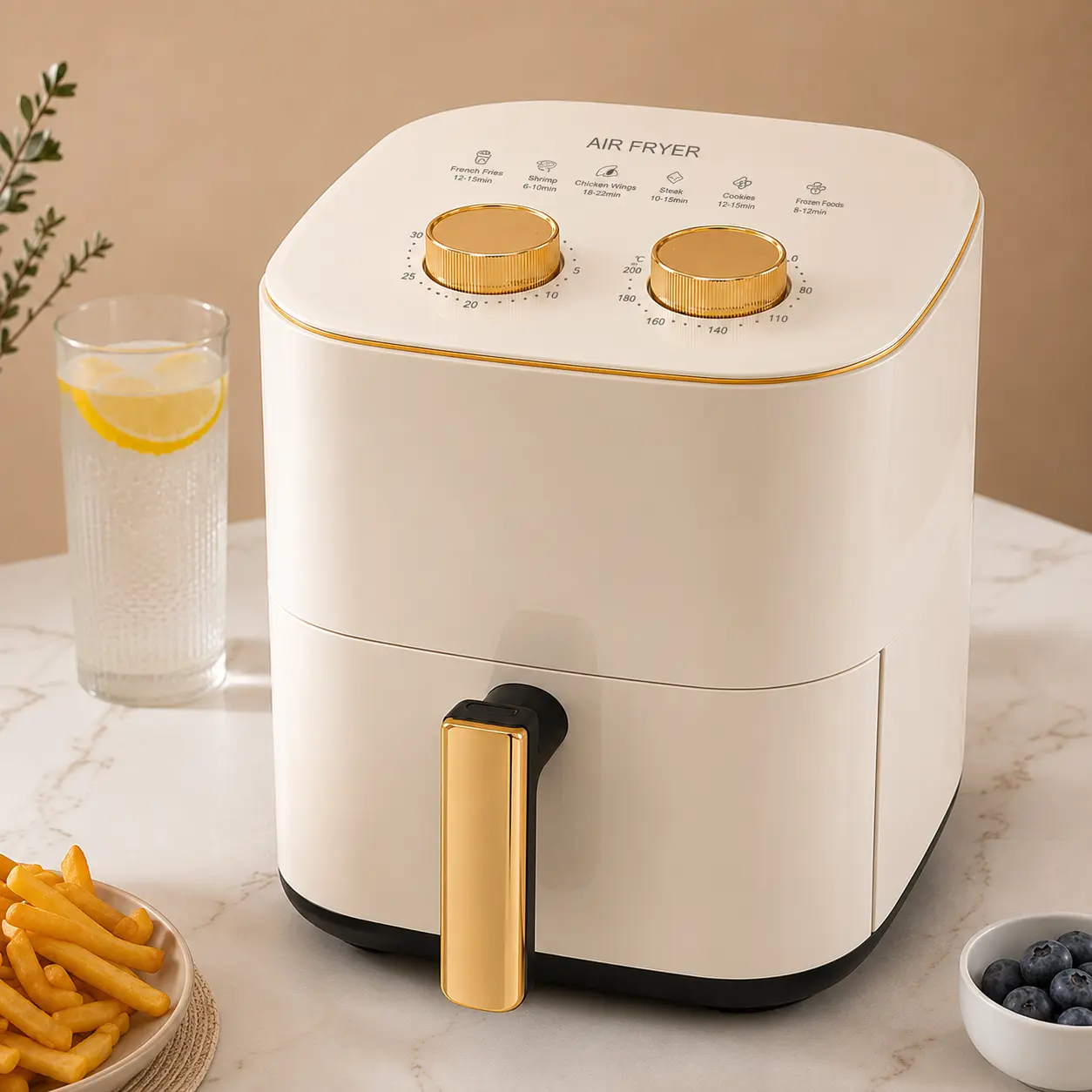 5.0L Manual Air Fryer 1000W, Adjustable 80-200°C Temperature, 30-Min Timer, Nonstick Removable Basket, White