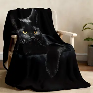 1 piece of black cat-themed blanket with black background, showing the black cat pattern with yellow eyes, soft and comfortable bedroom and living room sofa cover blanket, camping blanket, Soft Winter Blanket