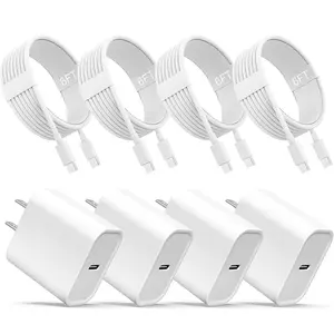 20W 4-Pack Super Fast Charger Set USB-C Wall Charger: Compatible with iPhone 16/15 series, supporting fast charging for Apple devices. 6-Foot USB-C Charging Cable: Works with iPhone 16 Pro Max, iPhone 15 Plus, iPad Pro, iPad Air, and iPad Mini.