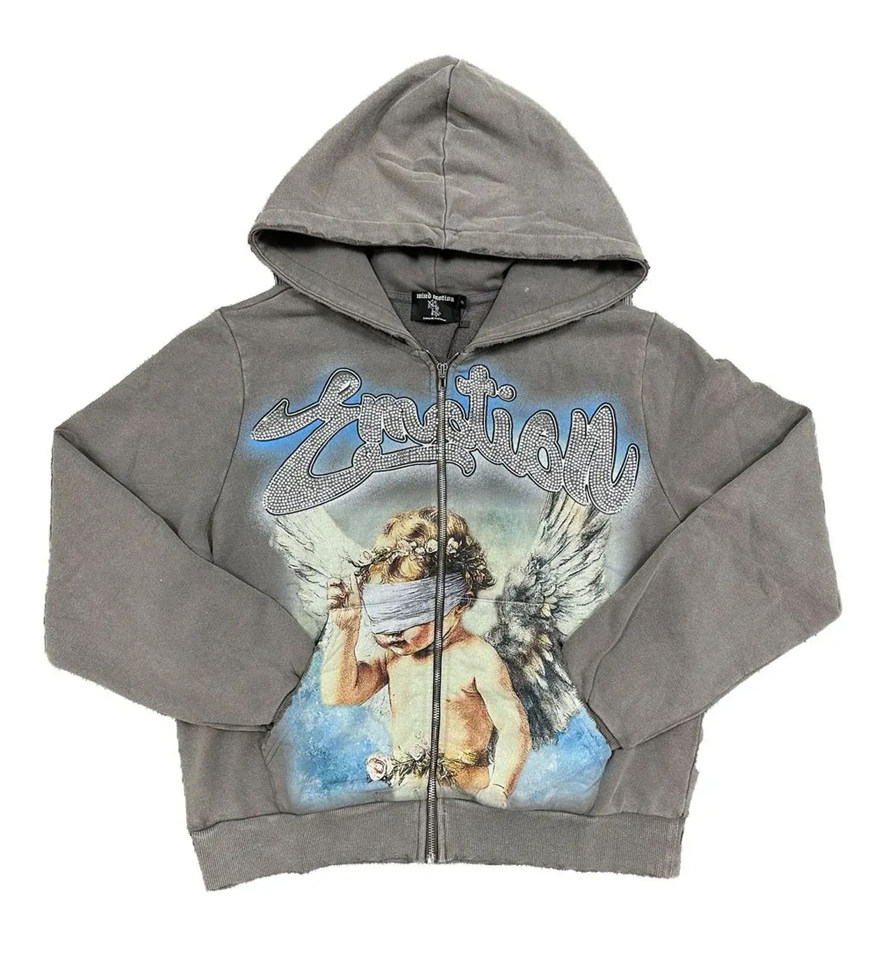 Mixed Emotions Grey “Rhinestone” Hoodie – Vintage Patchwork Y2K Streetwear Pullover Sweatshirt, Colorful Graphic Hooded Top, Retro Urban Fashion for Men & Women, Casual Fall Winter Outfit