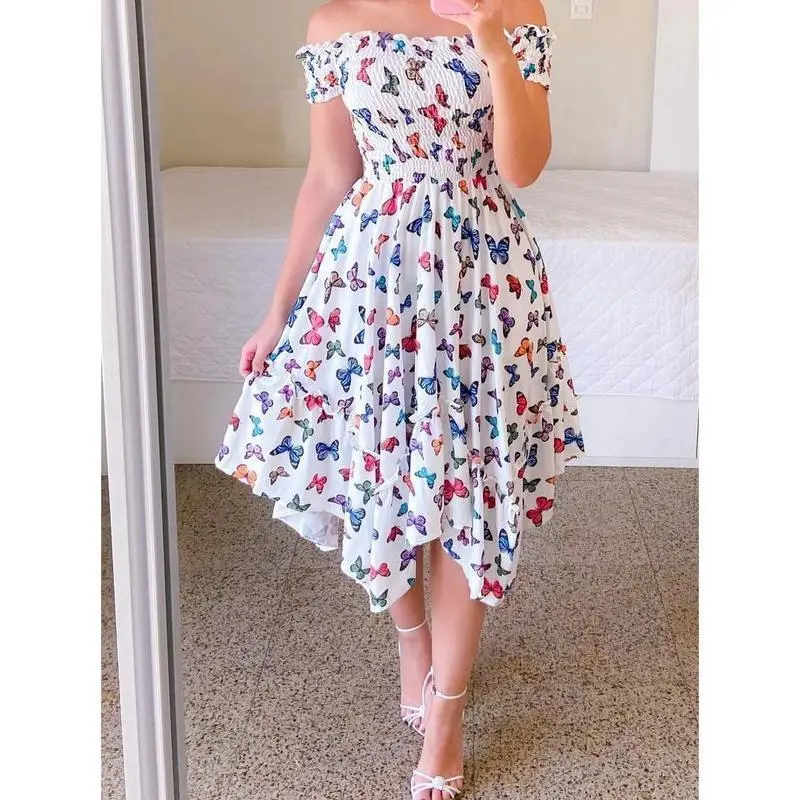 Women's 2026 Off-Shoulder Irregular Digital Print Midi Dress, Summer Breathable Casual Dress for Ladies, Butterfly & Sunflower Themed Women's Clothes for Sports & Outdoor Activities