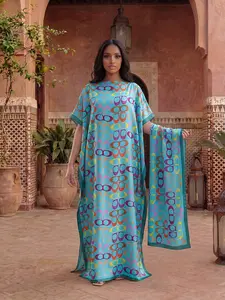 Elegant Long Robe Set with Multicolor Geometric Print Shawl, Moomoo Dress + Headscarf Scarf, Women's Casual Beach Sun Protection Satin Silk, Elegance, Boho