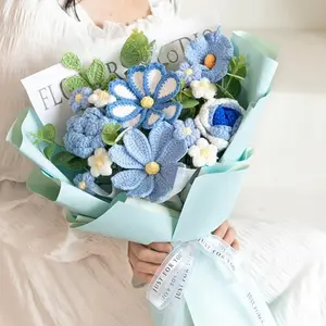 Crochet Flower Tulip Bouquet, Handmade Artificial Flower Knitted Sunflower Bouquet for Festival Wedding Graduation Anniversary