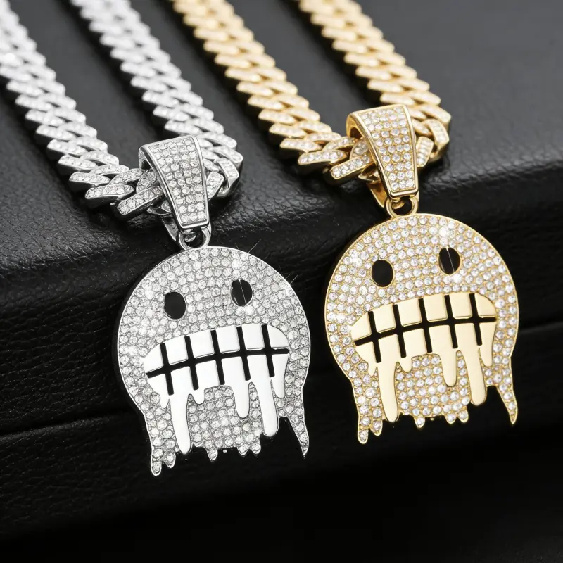 Iced Out Melting Ghost Face CZ Diamond Pendant Necklace - Cuban Link, Chain Links, Dangle, Ice, Rhinestone Glitter Rock Star Unisex Hip Hop Streetwear Costume Jewelry for Daily Wear, Chain Links Necklaces, Dangle Chain Necklaces