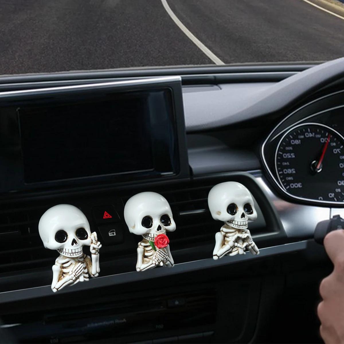 3pcs Cute Skeleton Resin Figurines, Car Interior Accessories, Fragrance Diffusers, Car Aroma Diffuser, Air Outlet Clips, All-Season Car Decor, Holiday Decorations, Air Freshener, Car Accessory, Perfect Car Gift