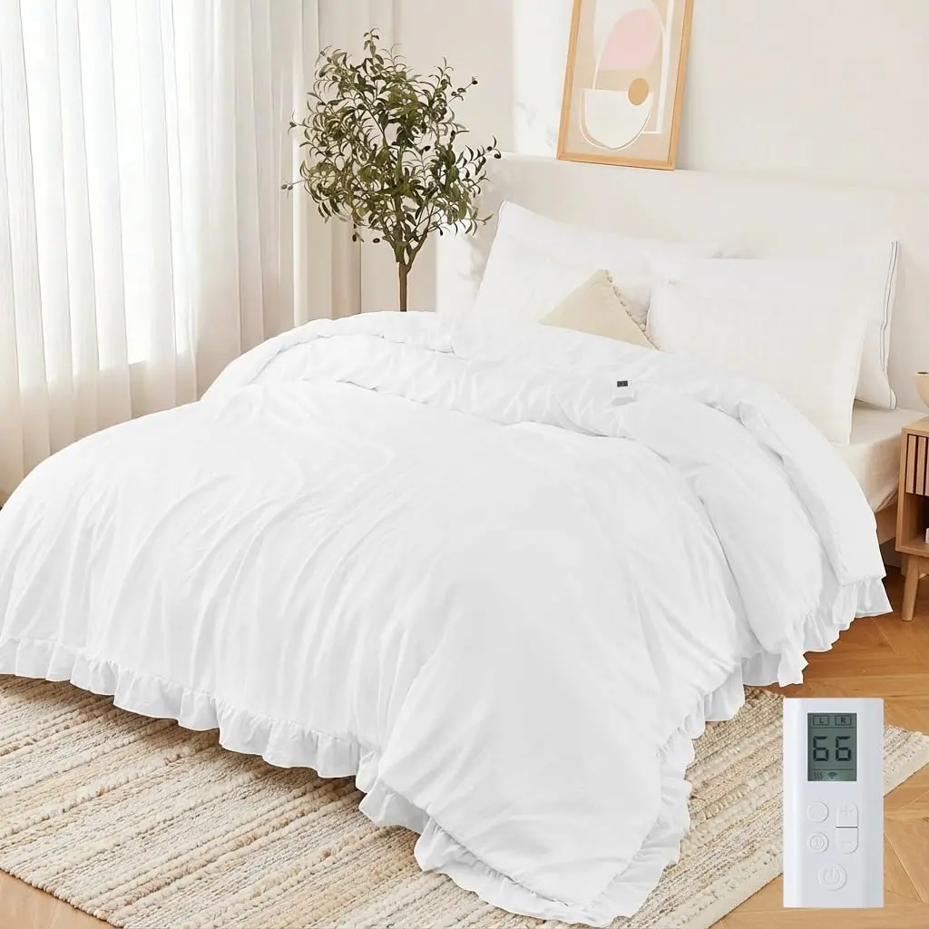 White King Size Heated Comforter (104"x90") with Ruffle Detachable Removable Duvet Cover, Wireless LCD Controller, Dual-Zone Fast Heating, Overheat Protection, ETL Certified, Machine Washable Electric Quilt, Detachable Parts
