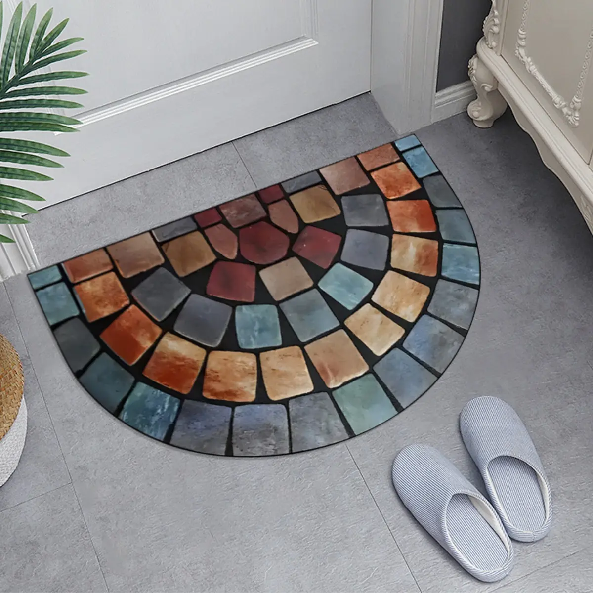 Modern Geometric Doormat, Blue Square Pattern Semicircle Outdoor Entrance Mat, Non-Slip Polyester Rug for Front Door Porch Patio