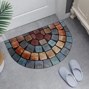 Modern Geometric Doormat, Blue Square Pattern Semicircle Outdoor Entrance Mat, Non-Slip Polyester Rug for Front Door Porch Patio