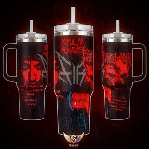 Popular Monster Album Falling in Reverse 40 oz Vacuum Insulated Tumbler with Handle Straw Red Black Horror Face Graphic Keeps Drinks Hot/Cold 12H+ 18/8 Stainless Steel Travel Mug for Rock Fans Metalheads Dark Aesthetic Merch Gift