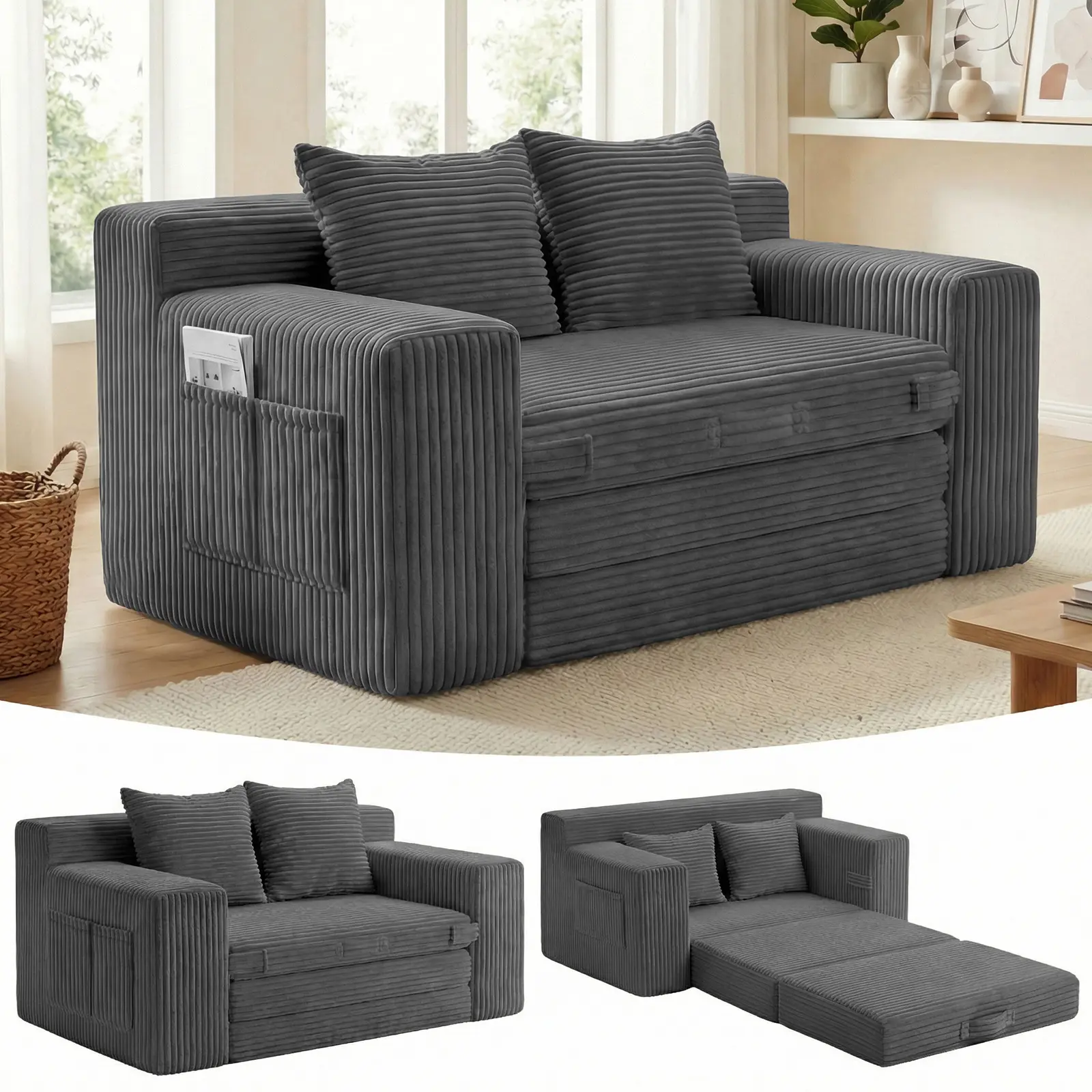 Winzoo 3 in 1 Convertible Sofa Bed Floor Couch  with Side Pocket Oversized single seat/Loveseat Folding Chaise Lounge Chair Futon Sleeper Living Room