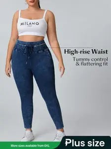 Plus Size Women's Drawstring Casual High Elastic Dark Wash Denim Jeans, Comfortable Stretch Fit Jeans for Everyday Wear, Stylish Ladies' Fashion Apparel