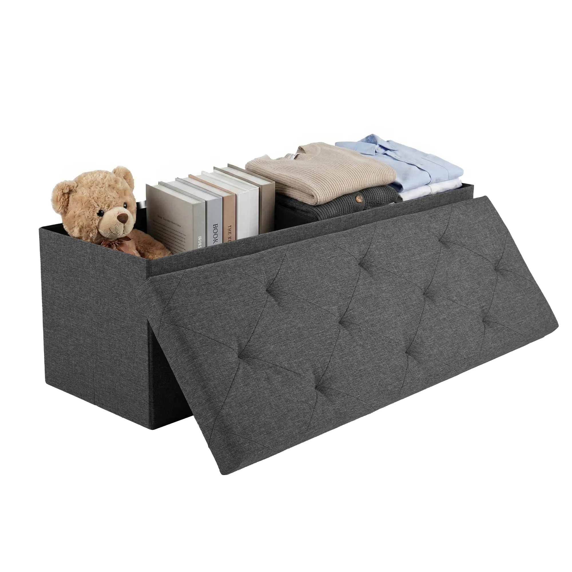 Folding Storage Ottoman Bench - Rectangular Fabric Cover, Foldable, Easy Setup, Padded Backless Seat, Large Storage Toy Box, Small Table, Indoor Furniture for Bedroom & Living Room, Reliable Customer Service, Rectangle