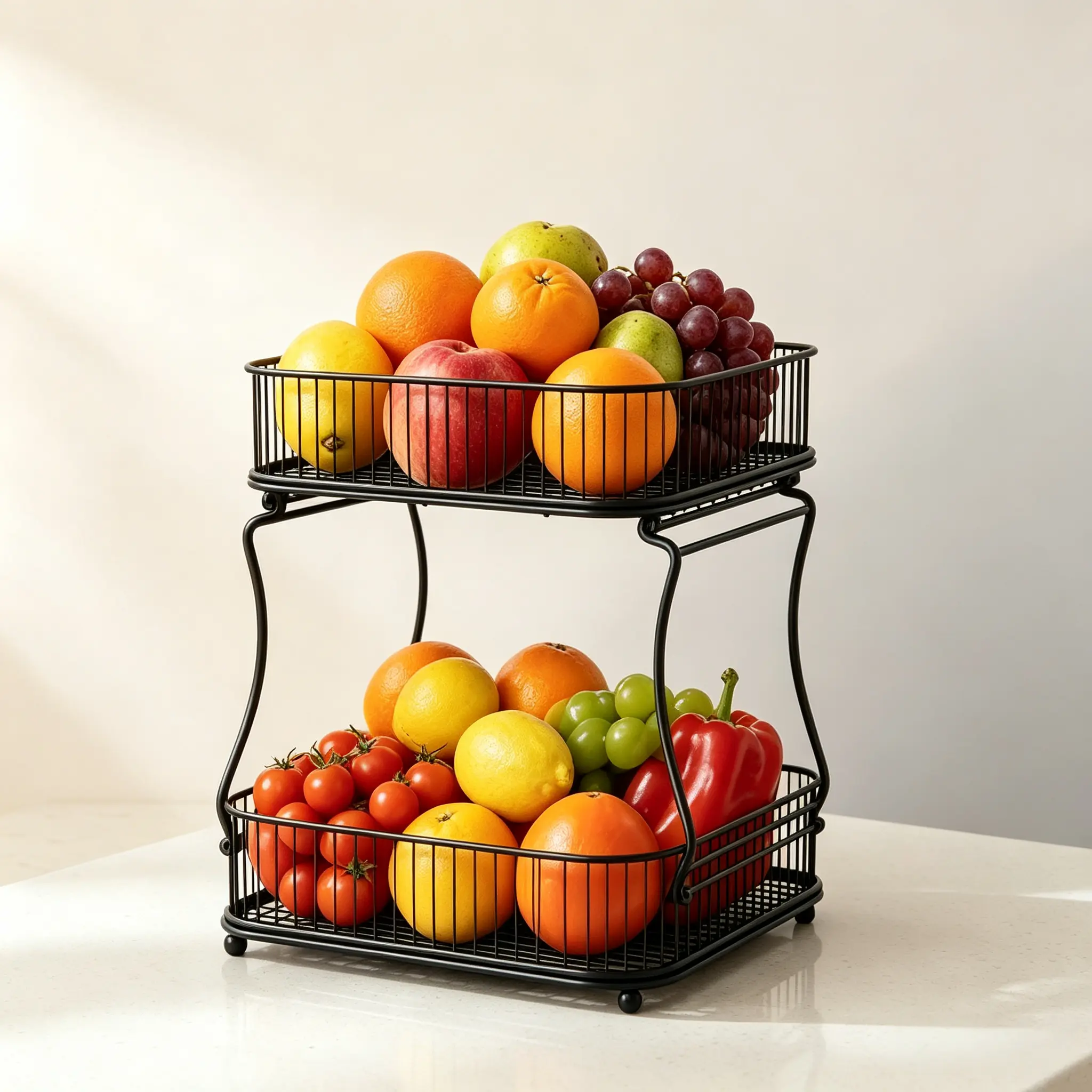 2026 New Black Square Style Metal 2-Tier Removable Home Organizer Storage Rack - Countertop Fruit Holder for Kitchen, Living Room; Stores Veggies, Snacks, Seasonings, Personal Care Items