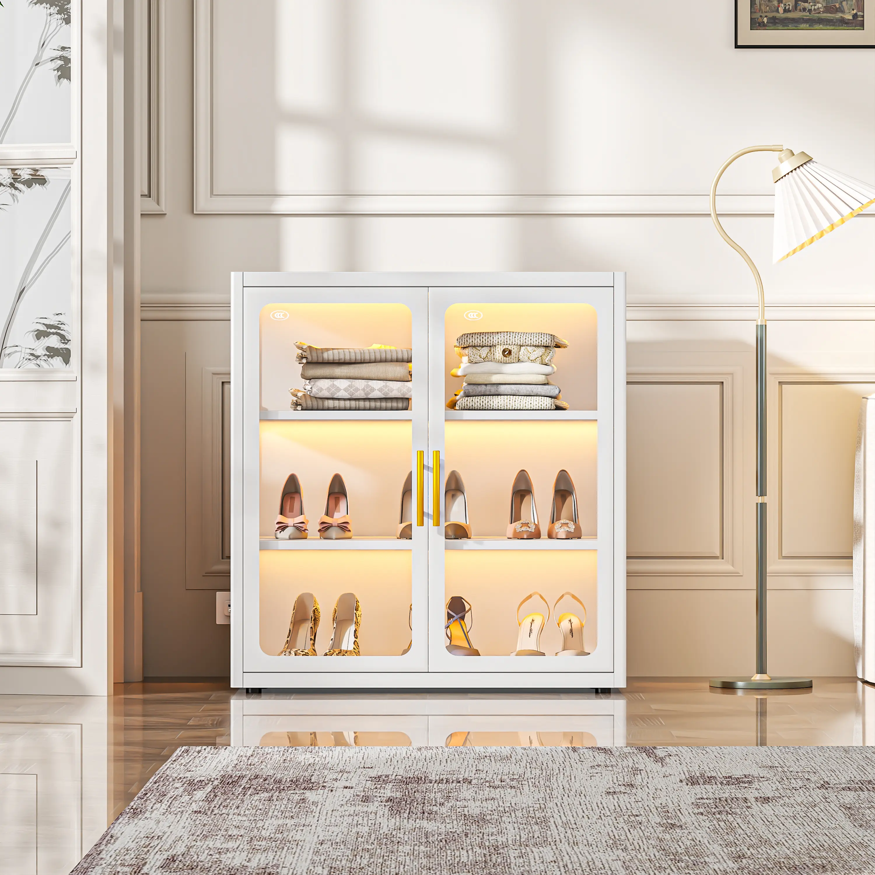 33.6" Tall Curio Cabinet with Glass Doors | 3-Tier Metal Display Cabinet with Multi-Color LED Lights, 4 Adjustable Shelves, Glass Display Case for Collectibles & Bookcase