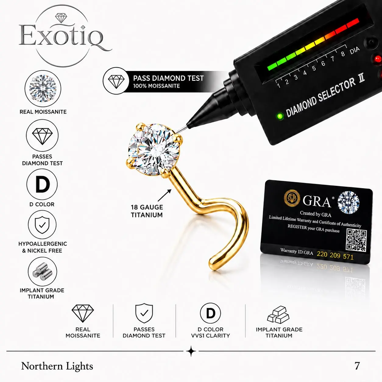 Real Moissanite D Color 18 Gauge Corkscrew Nose Stude/Ring Titanium Hypoallergenic Implant Grade Jewelry