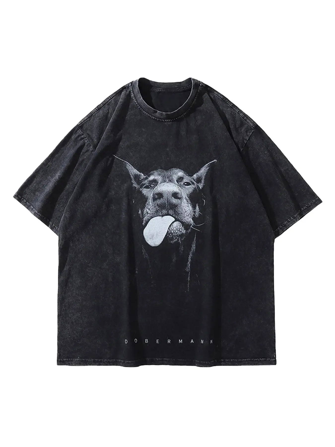 LAIXTON Doberman Acid Wash Graphic Women T-Shirt Unisex Cotton Oversized Baggy Crewneck Short Sleeve Vintage Streetwear Casual Tee