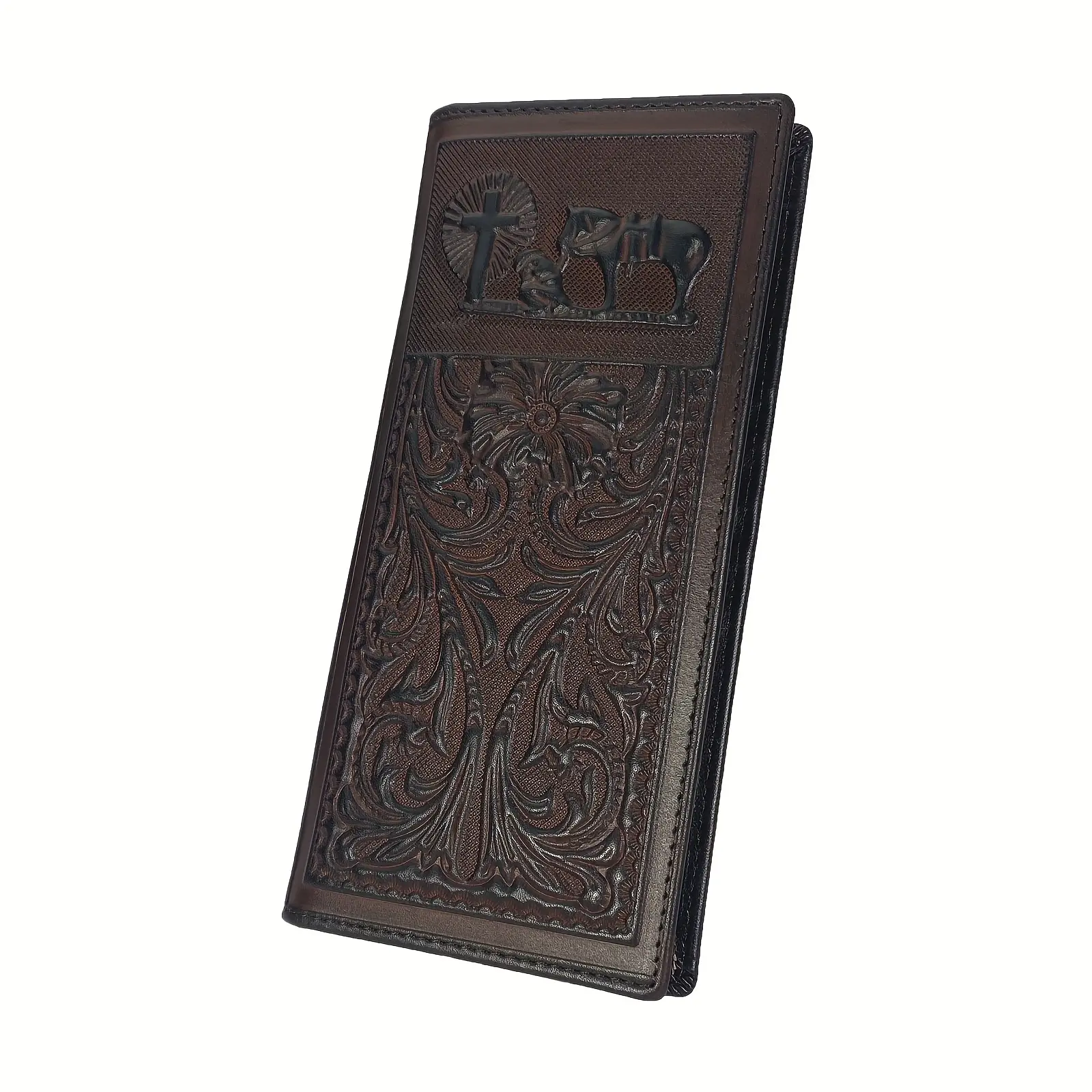 Western Cowboy Cowgirl Wallet Prayer Pattern Full Grain Leather Checkbook Wallet For Women Men Vintage Genuine Leather Long Bifold Wallet,Ideal Gift For Women