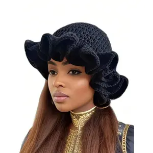 Women's Casual Handmade Crochet Ruffle Knit Beanie Hat - 1pc Autumn/Winter Fashion Accessory for Halloween