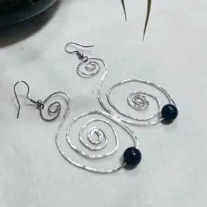 SCS-BWER1-016 Midnight Spiral ER Handmade Wire Earrings with Textured Silver Wire Layered Spirals and Deep Blue Focal Bead Artistic Statement Jewelry
