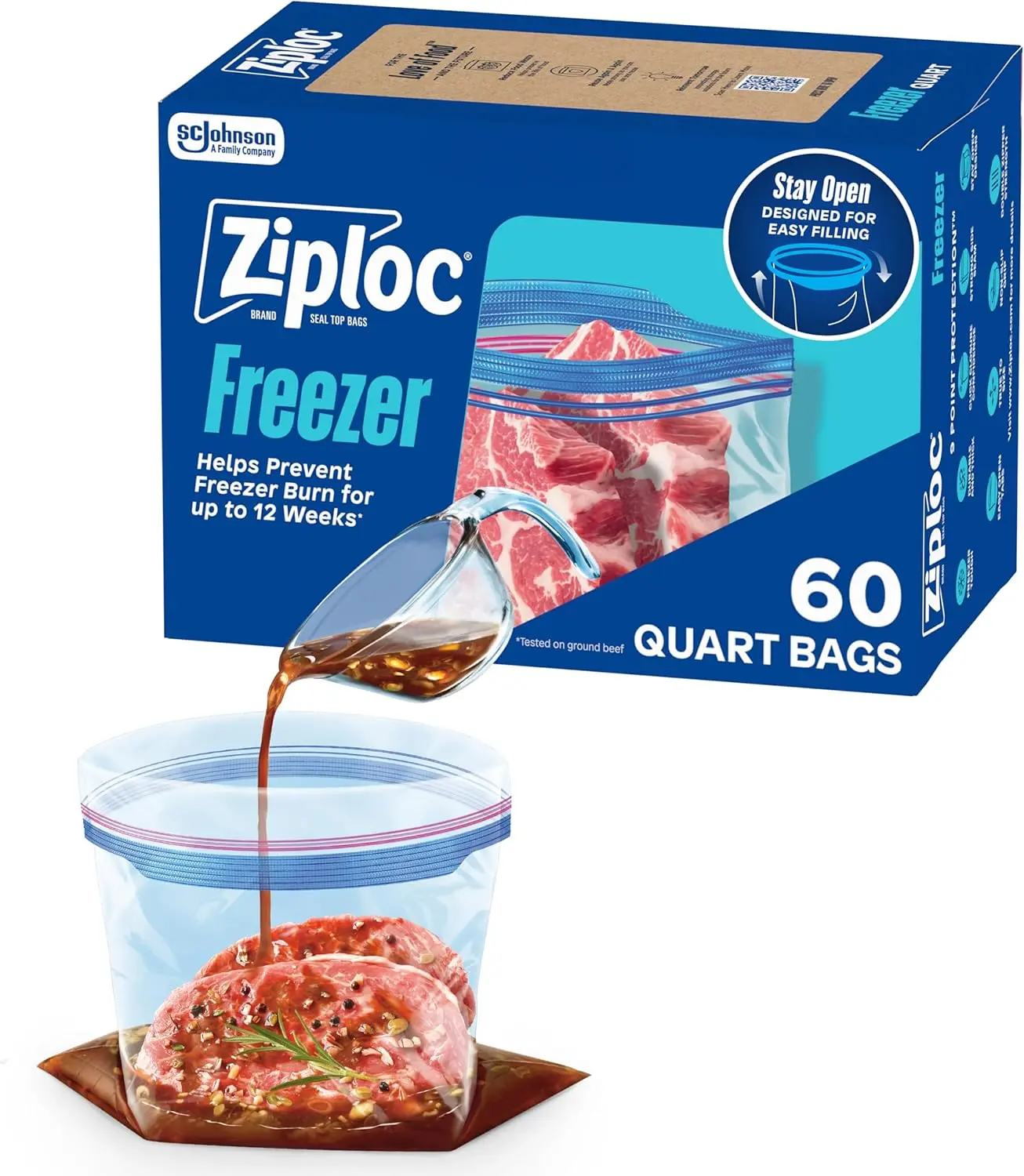 Ziploc Quart Food Storage Freezer Bags, Stand-Up Bottom, Easy to Fill, 60 Count