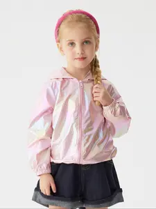 Toddler Girl's Reflective Lightweight Hooded Jacket, Shiny Coat, Cute Fashion Long Sleeve Outerwear for Daily Wear, Soft and Comfortable Sun Protection Layer, Casual Comfy Jacket