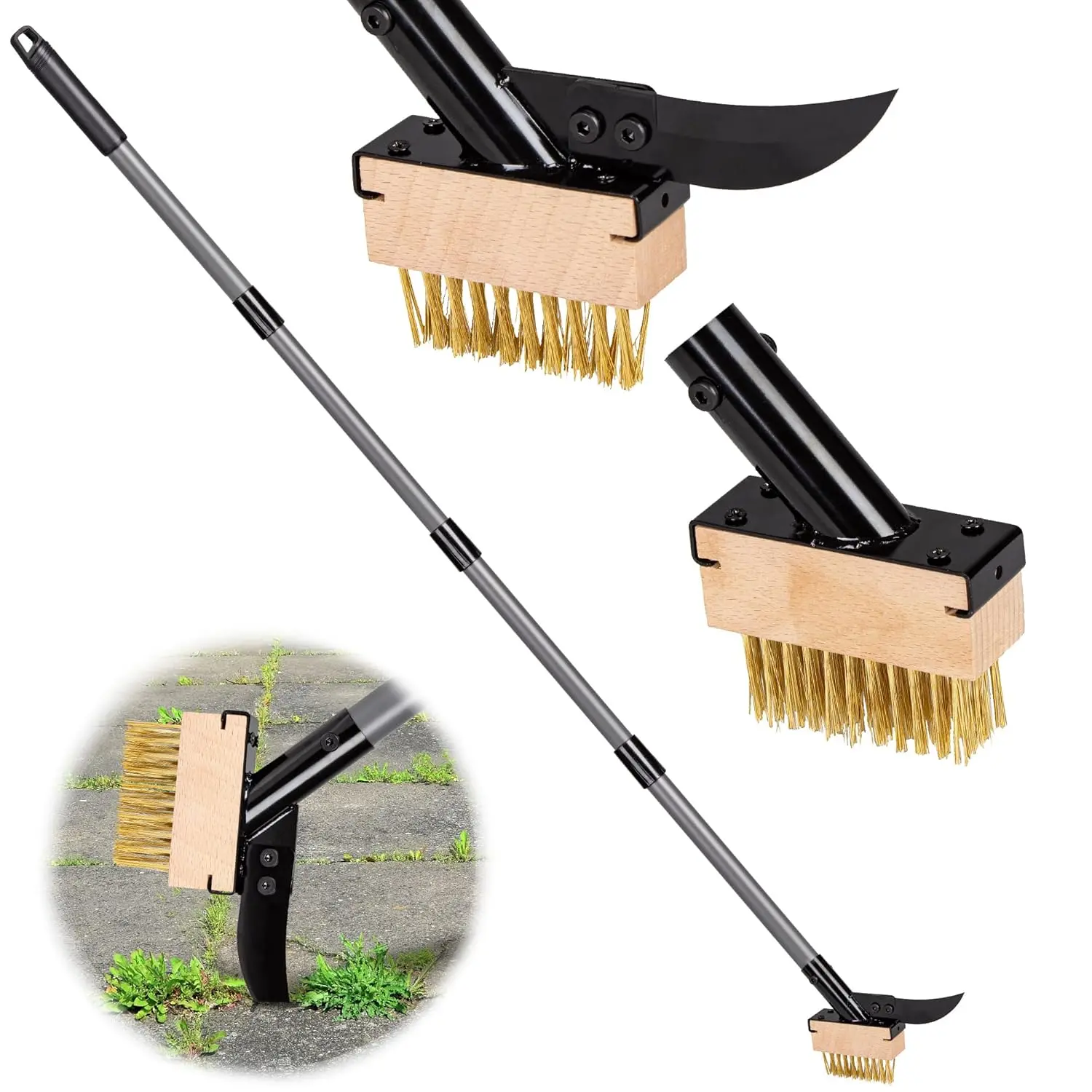 Walensee 3-in-1 Tool - 66.5-in Adjustable Handle Garden Crack Weeder, Moss Remover with Dual Brush Heads, High-Elasticity Stainless Steel Brush, Scraper for Driveways, Sidewalk Cracks, Deep Root Reach, Easy Assembly
