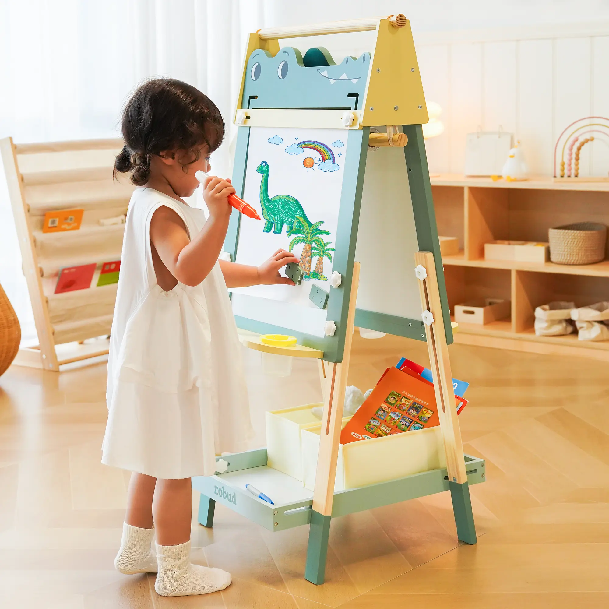 ROBUD Wooden Adjustable Kids Art Easel – 3-in-1 Magnetic Chalkboard, Dry-Erase Whiteboard & Paper Roll | Montessori Drawing Board with Storage Bins, Crocodile Design, Child-Safe Wooden Art Center for Ages 3-8