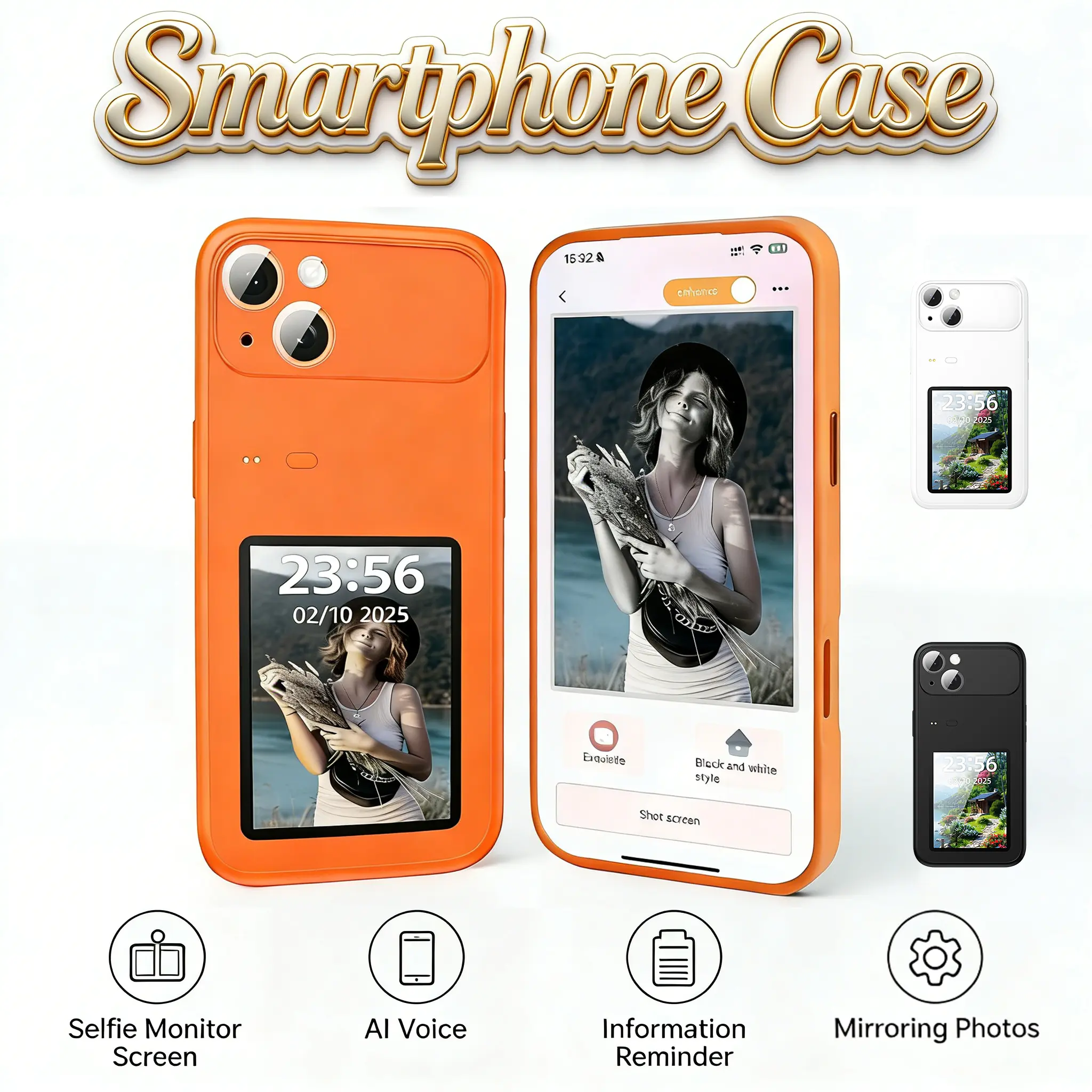 Multifunctional Rechargeable Selfie Monitor iPhone Series Case with 3'' AMOLED Screen Cover for iPhone 17/16/15/14/13 Pro Models, APP-Connected, 500mAh Battery, AI Voice, Wallpaper, Games/Weather/Calculator, Remote Shooting, Message Notification