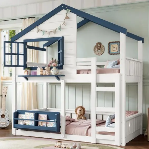 【Bellemave】Twin/ Full Size Bunk Bed/Loft Bed with Bookshelf, House Design, High-Quality Safety Fencing,White & Blue