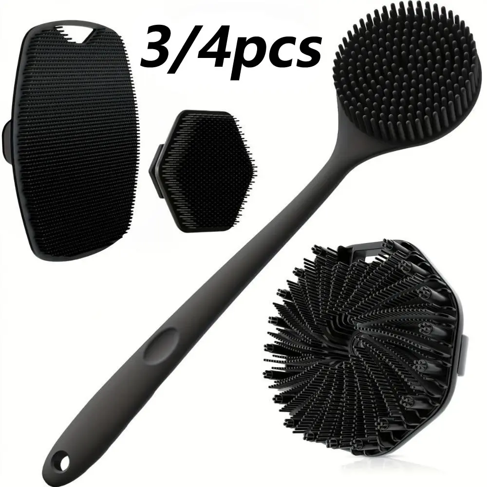 3/4 piece silicone back scrub brush and bath glove set - Body Scrubber super exfoliating body scrub and Fengying foam shower brush combination Exfoliating Tool