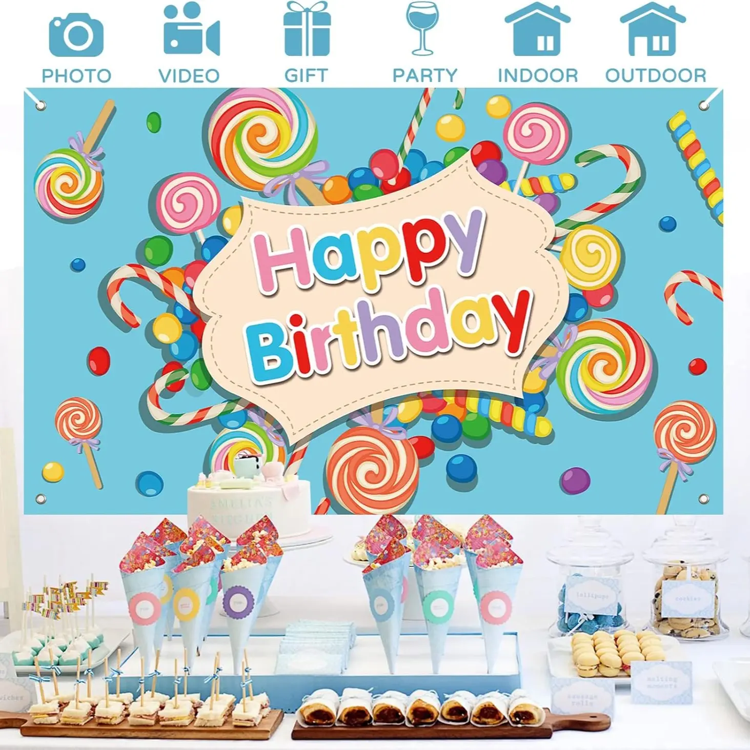 2D Flat Banner Happy Birthday Decoration, Lollipop Design, Extra-Large Size, Perfect for Birthdays & Celebrations, No Power Required