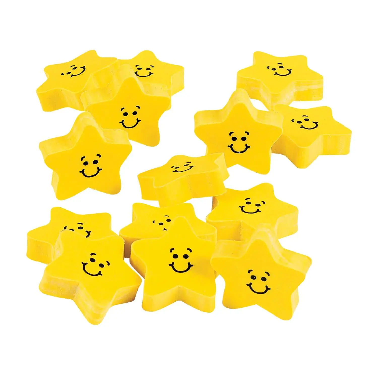 1 1/2" Smile Face Star Yellow Rubber Erasers - 24 Pc.